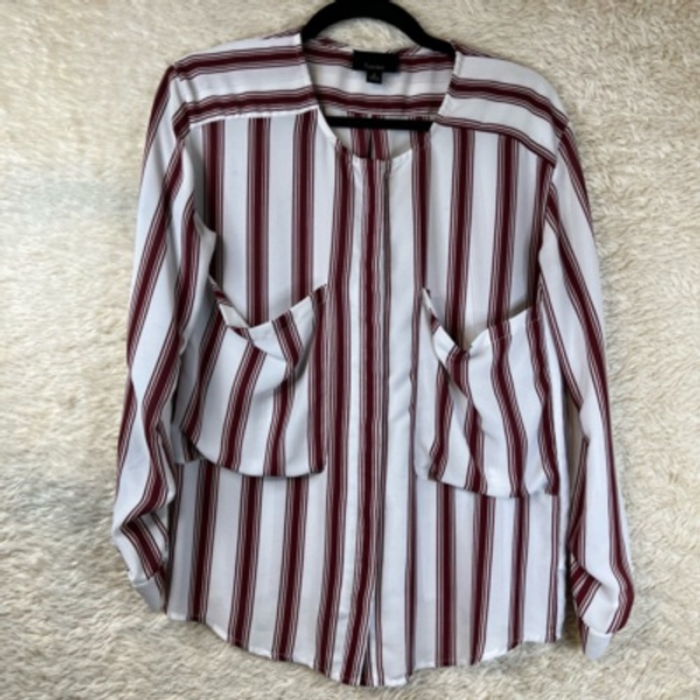 Lumiere Womens Blouse White‎ Brown Stripe Long Sleeve Button Cuff Pockets S